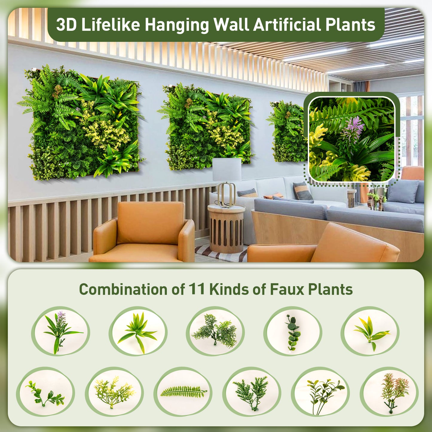 2 Pack Square Framed Artificial Foliage Wall Art for Balcony Home