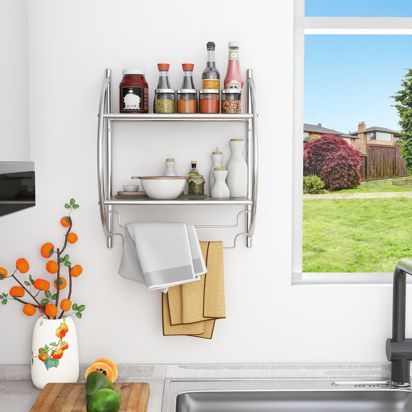 Wall Mounted Bathroom Shelves with Towel Holder-Silver