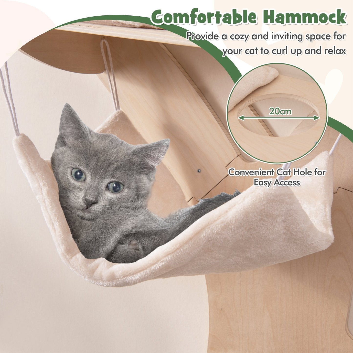 Wall-Mounted Cat Tower with Hammock-Natural
