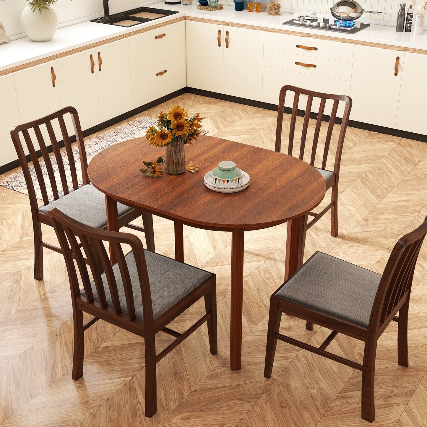 110CM Wooden Dining Table for 4-6 People Oval Kitchen Table-Walnut