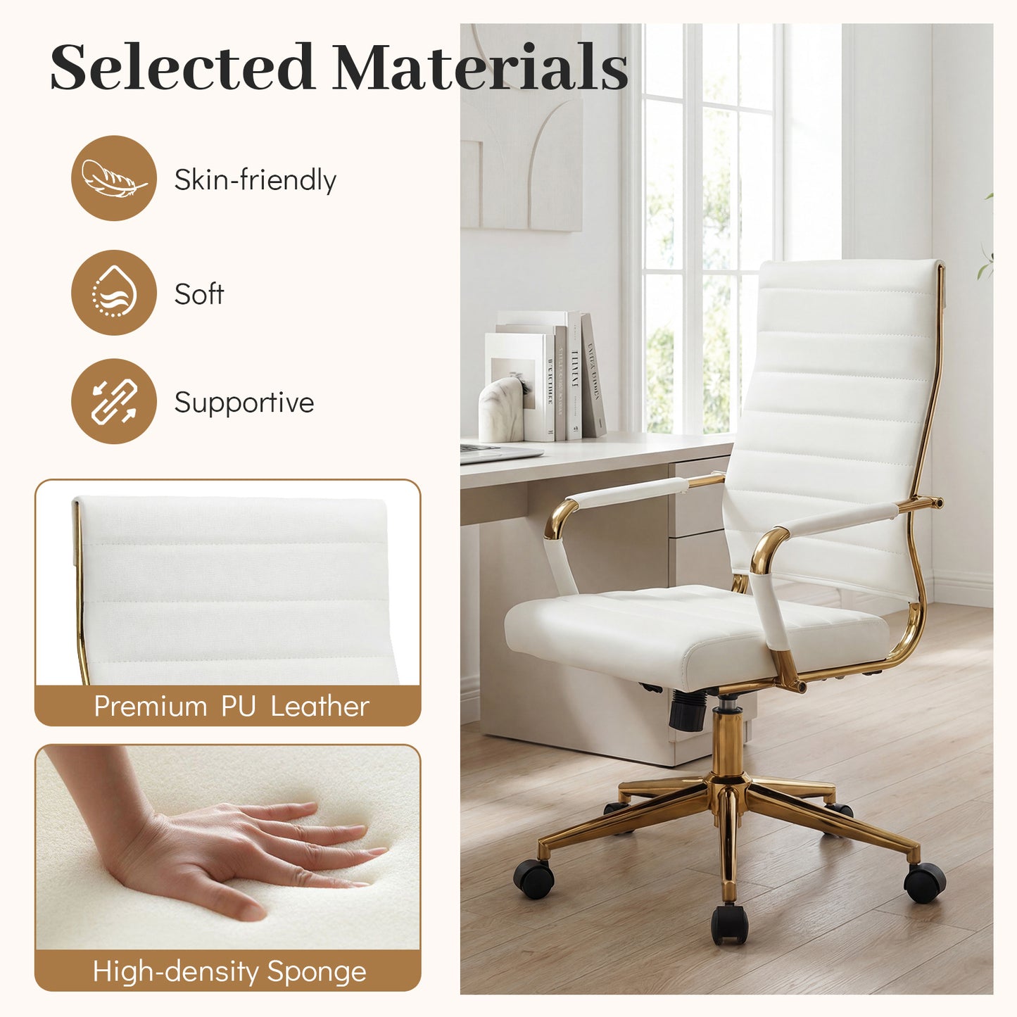 White Gold Office Chair with Ribbed PU Leather & Adjustable Backrest for Indoor-White