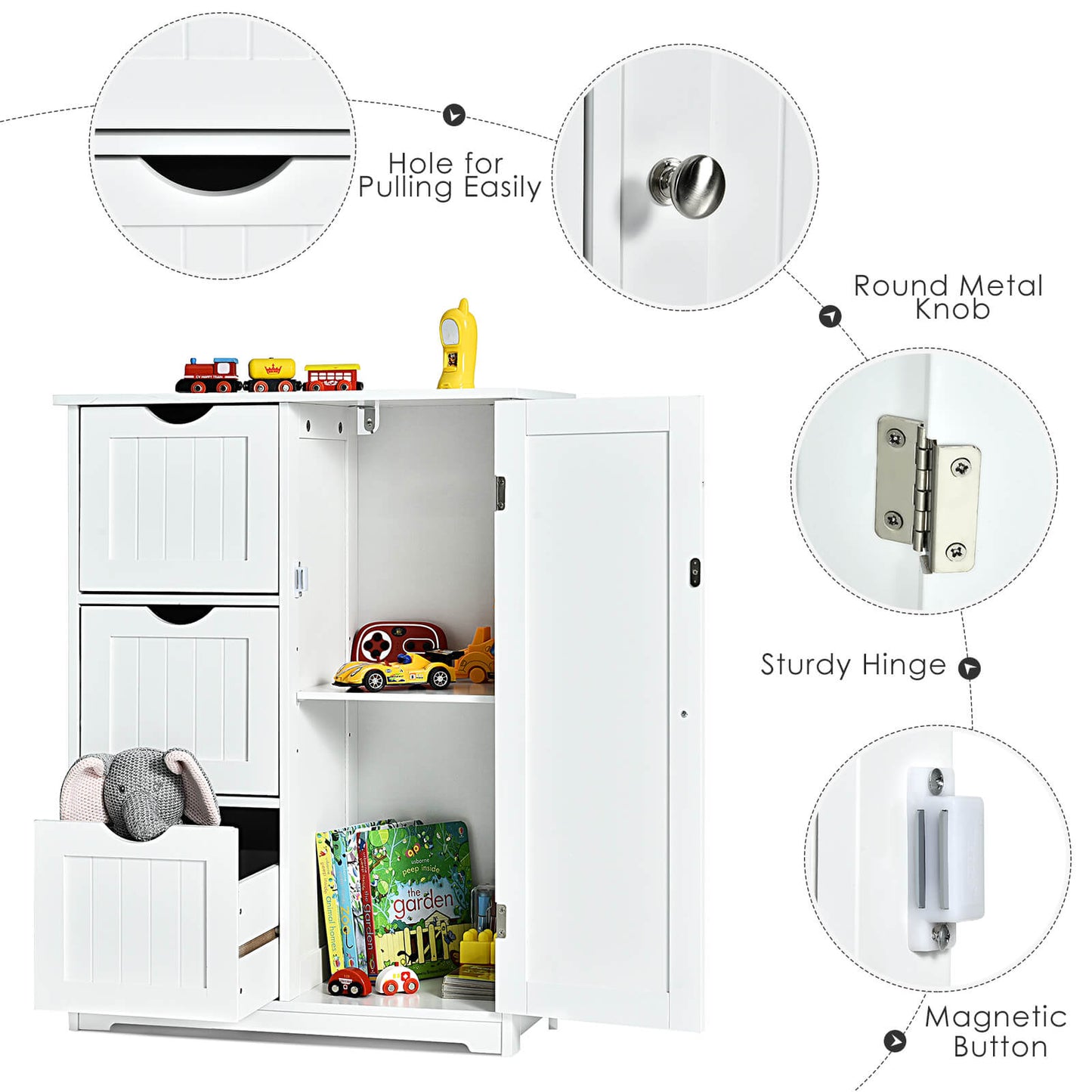 1-Door Freestanding Bathroom Cabinet with 3 Drawers-White