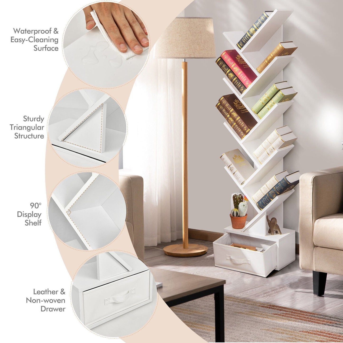 10-Tier Freestanding Tree Bookshelf with Drawer-White