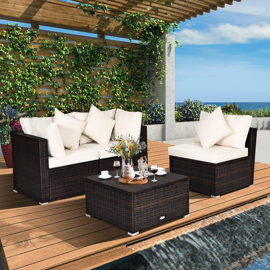 4 Pieces Outdoor Rattan Conversation Set with Removable Cushions and Pillows-White