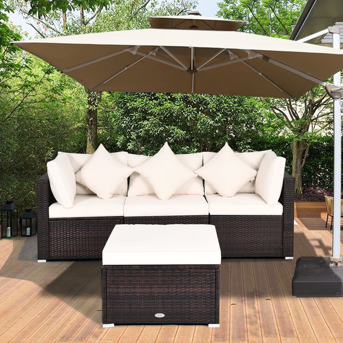 4 Pieces Outdoor Rattan Conversation Set with Removable Cushions and Pillows-White