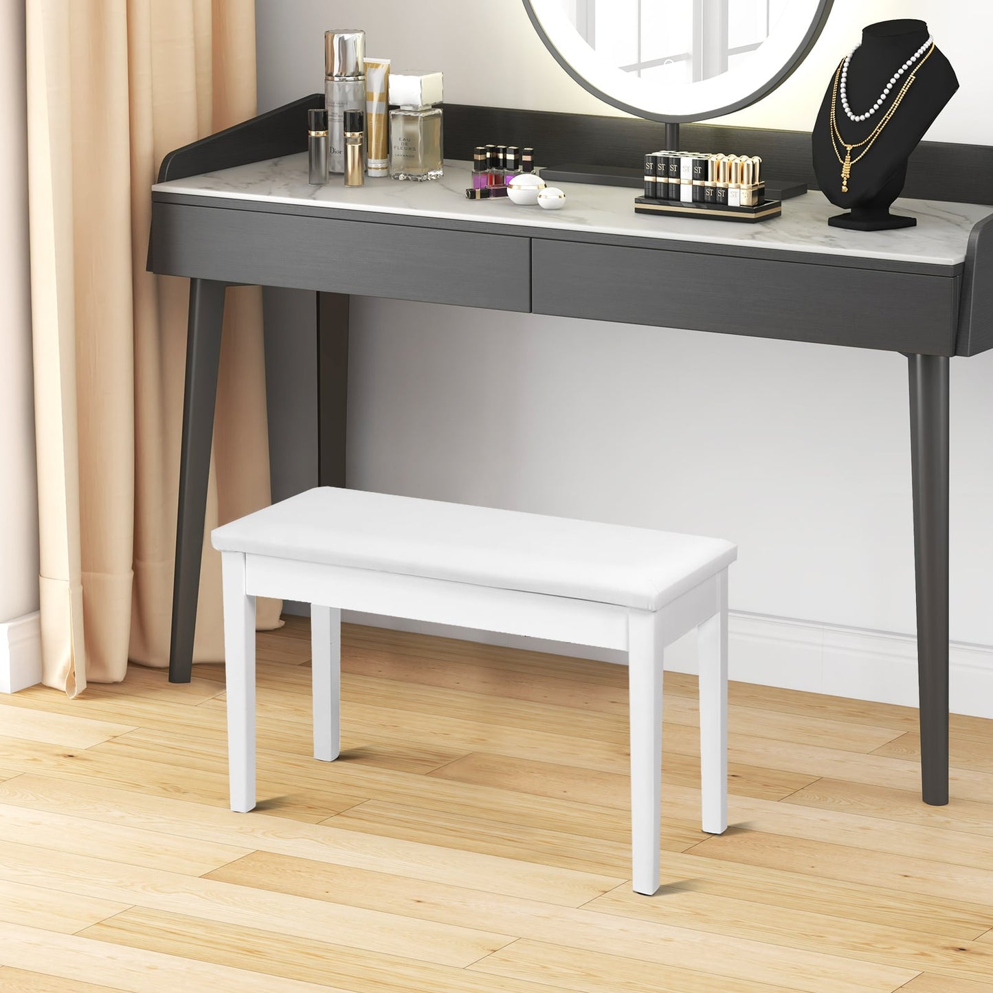 2-in-1 Padded Piano Bench with Storage Space-White