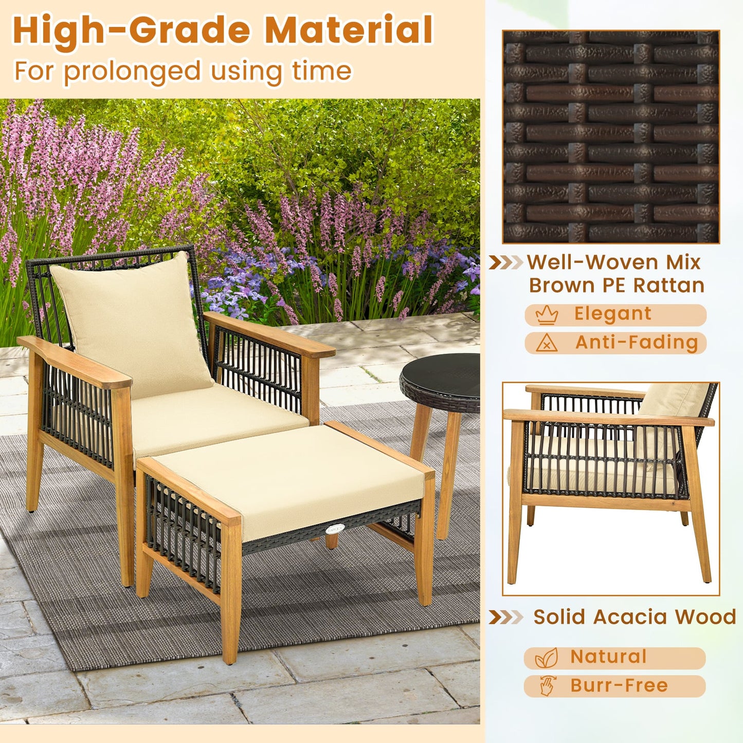 Wicker Woven Chair Set with Coffee Table and 2 Ottomans-Brown