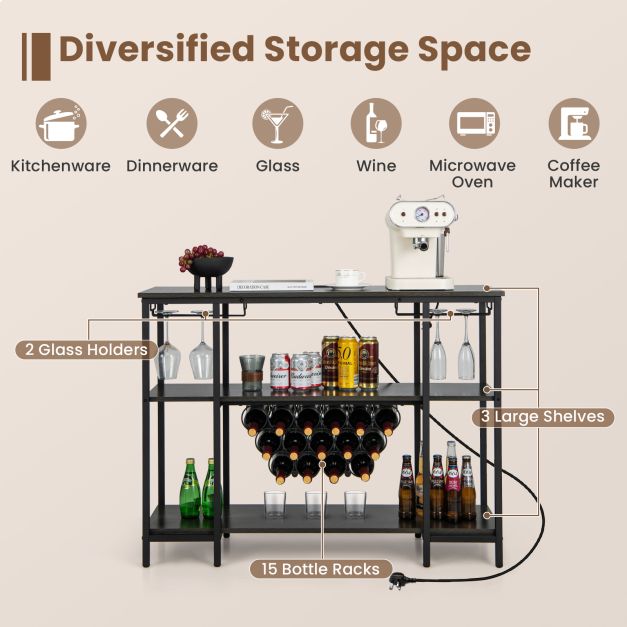 Wine Bar Cabinet Wine Rack with Bottle Racks and Storage Shelves-Grey