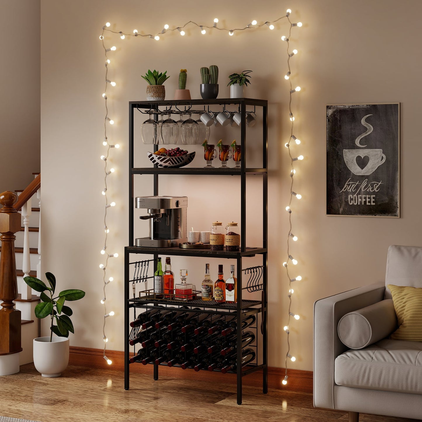 Wine Organizer with Power Outlet Multi-Tier Bakers Rack with Glass-Grey