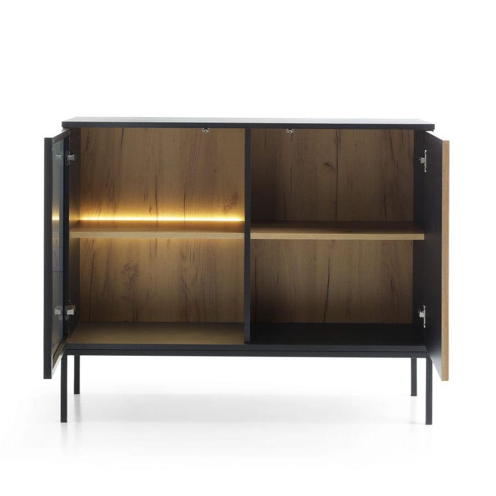 Wooden cabinet with open doors on a white background