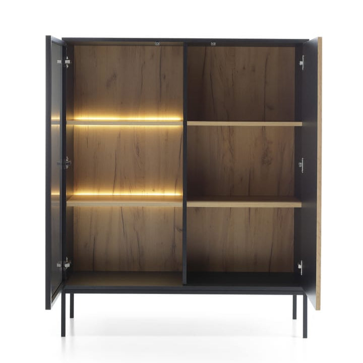 Wooden cabinet with illuminated interior on a white background