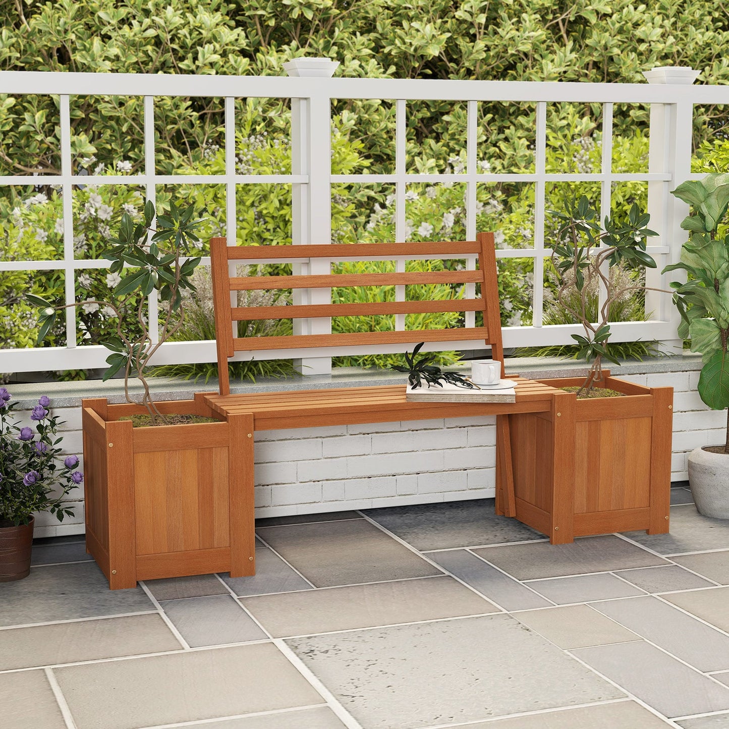 Wood Outdoor Planter Box with Bench Garden Seat with 2 Flower Boxes and Backrest