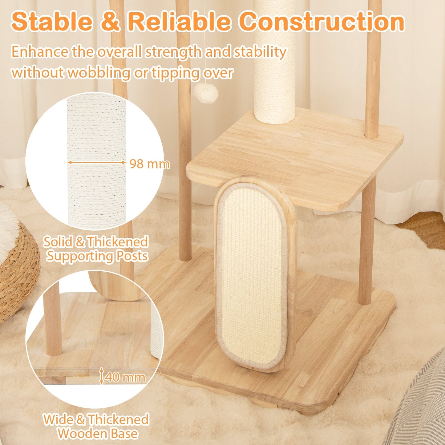 126 cm Tall Solid Wood Cat Tree with Oak Frame and Beech Post for Kittens and Adult Cats