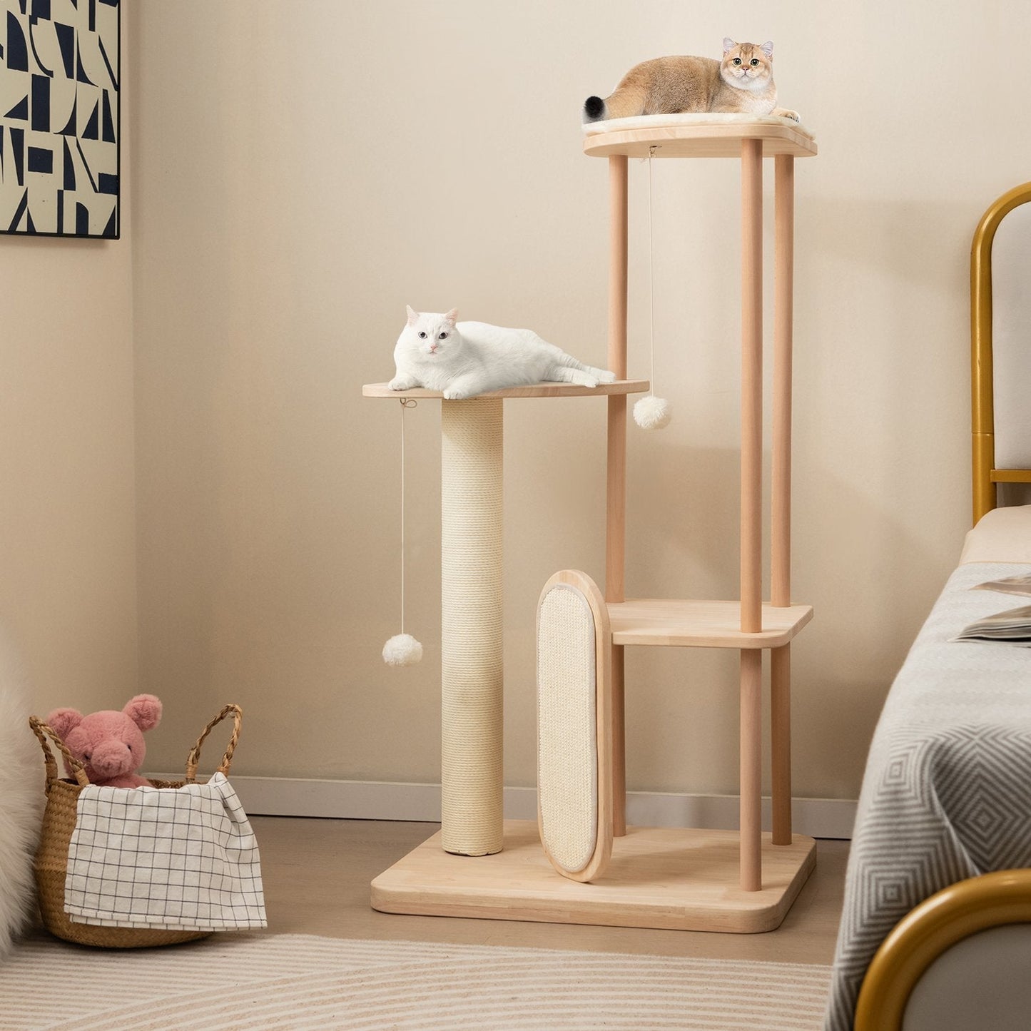 Multi-level Modern Wood Cat Tree with Scratching Board and Post