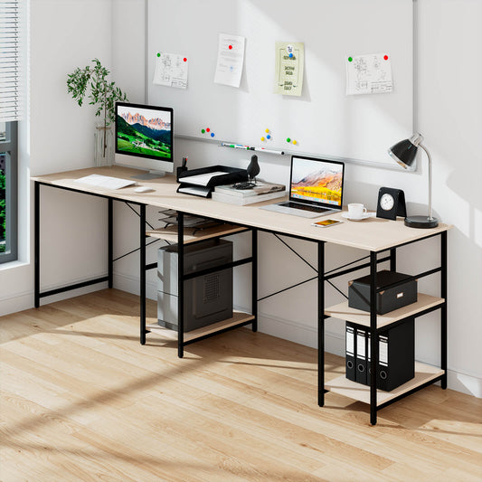 Wooden Industrial L-Shaped Desk with Storage Shelves-Natural