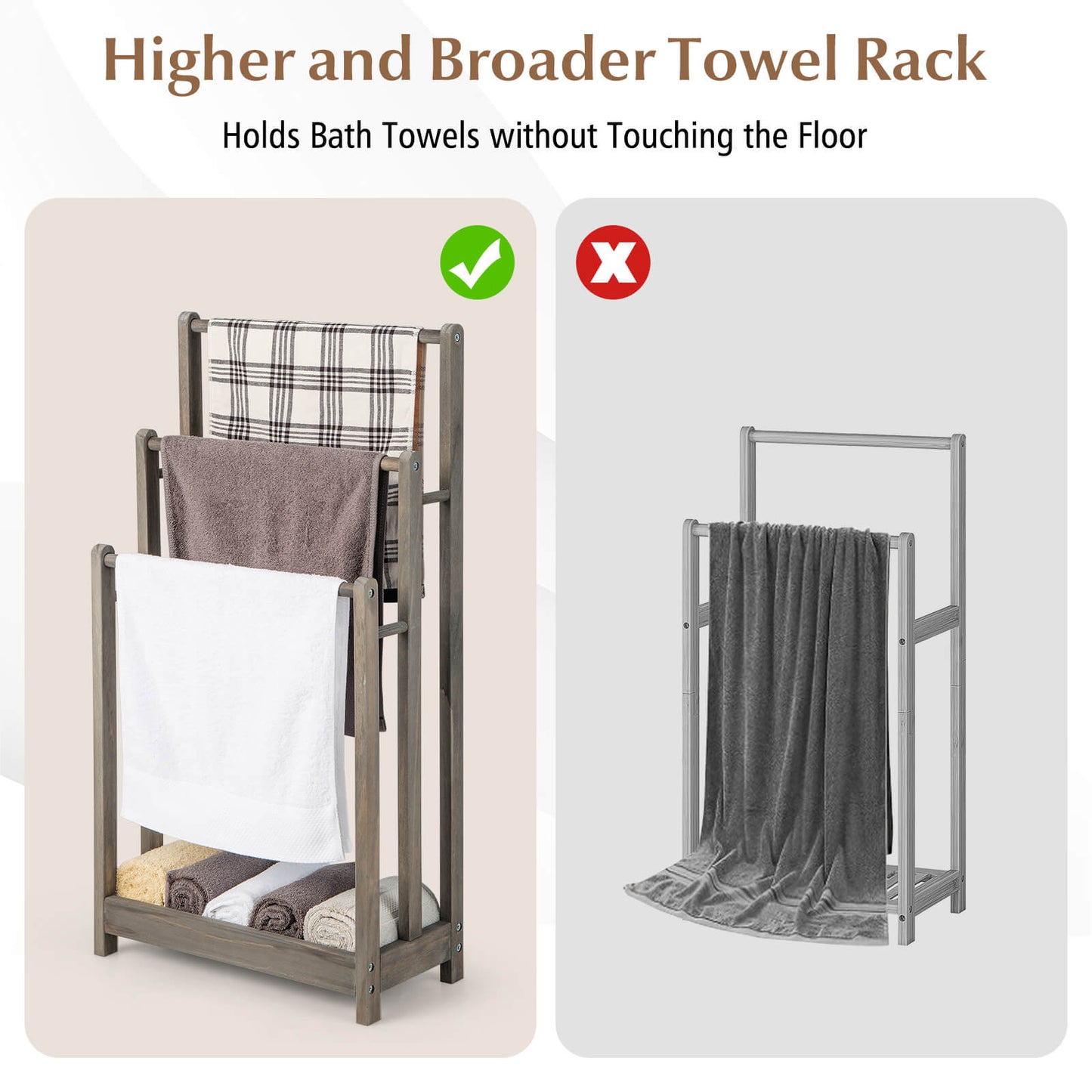 Freestanding Wood Towel Rack with 3 Individual Bars and Bottom Storage Shelf-Grey