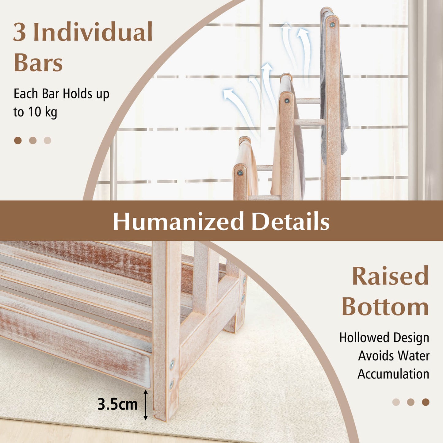 Freestanding Wood Towel Rack with 3 Individual Bars and Bottom Storage Shelf-White