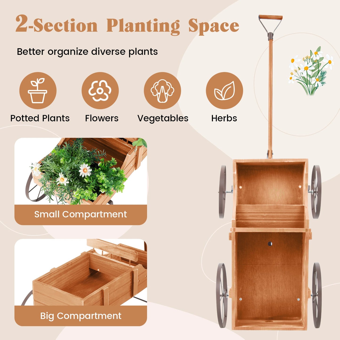 Wood Wagon Flower Planter with Wheels and 2 Planting Sections-Orange