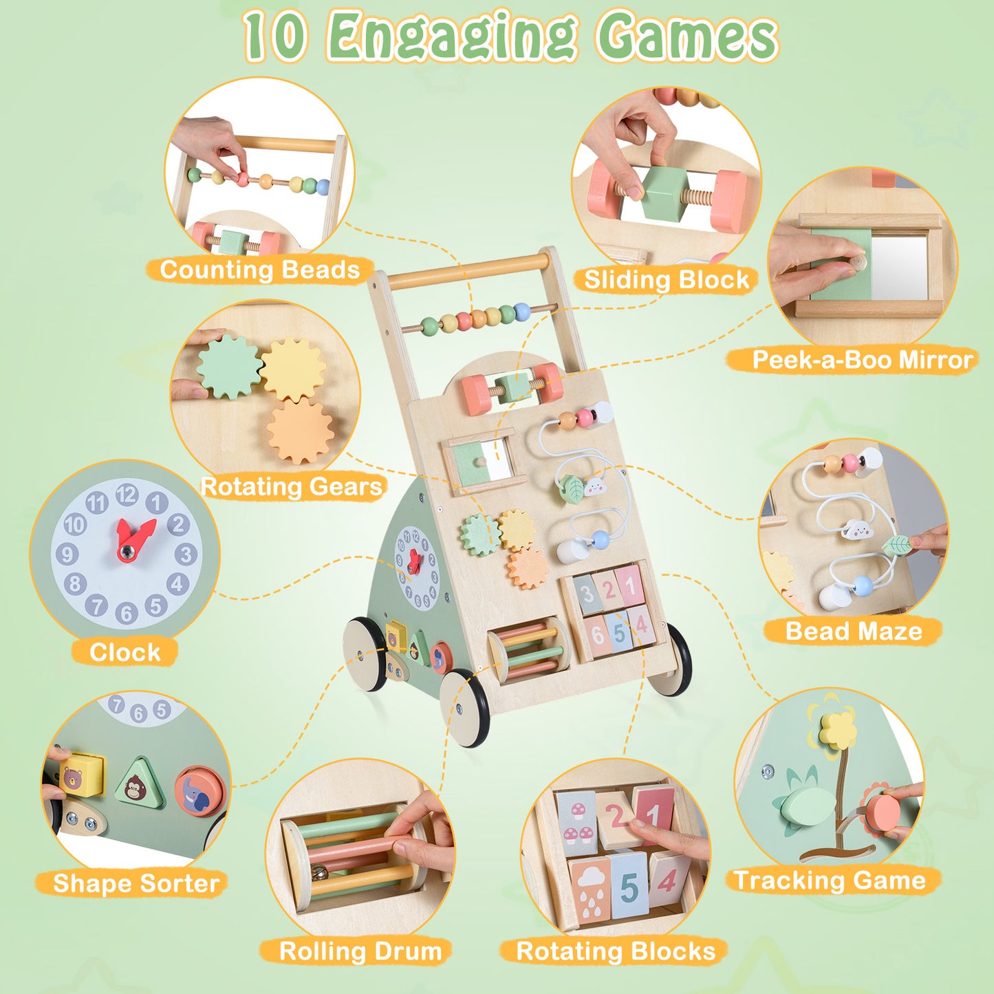 Wooden Baby Walker Babies Push Walker with Wheels and Storage Basket