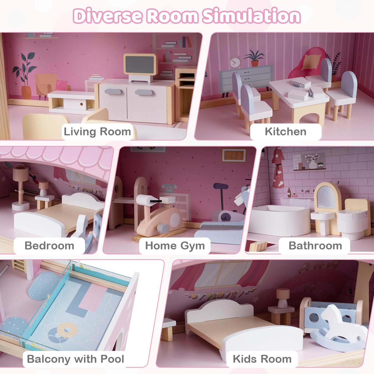 Wooden Dollhouse with 33 PCS Furniture Accessories for Girls and Boys-Pink