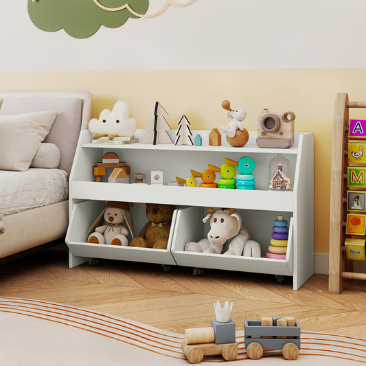 Wooden Kids Toy Storage Box with 2 Movable Drawers and Anti-toppling Kit-White