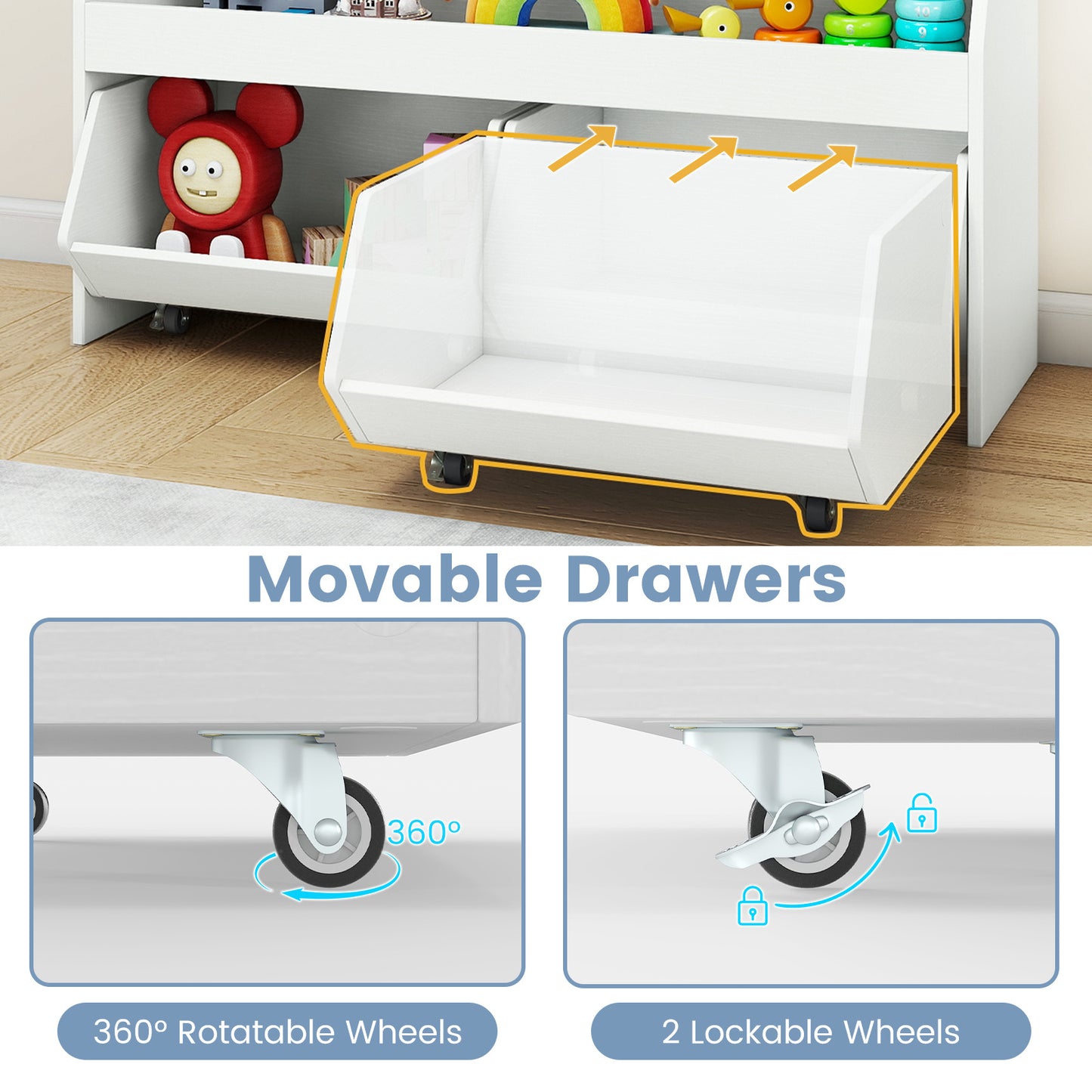 Wooden Kids Toy Storage Box with 2 Movable Drawers and Anti-toppling Kit-White