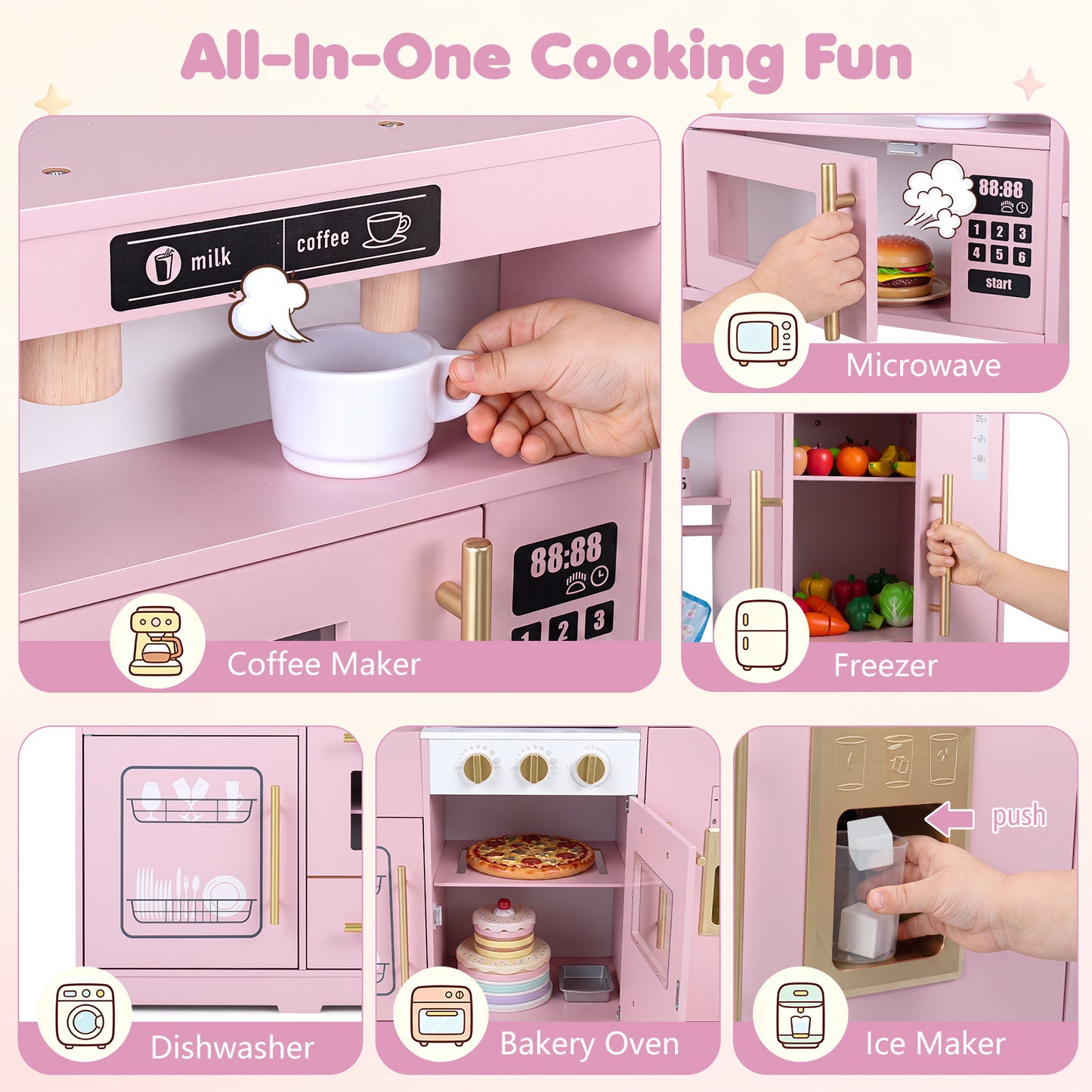 Wooden Play Kitchen for Kids with Realistic Lights and Sounds Ice Maker for Boys Girls Ages 3+-Pink