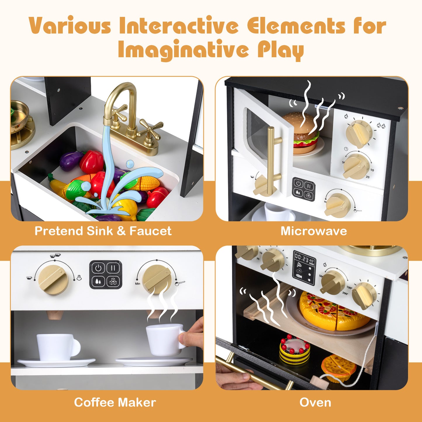 Wooden Play Kitchen with Realistic Lights and Sounds for Boys Girls 3+-Black