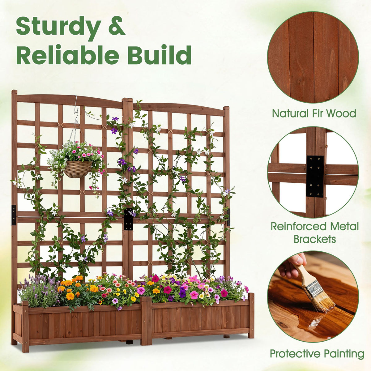 Wooden Raised Garden Bed with Trellis Dual Large Planter Boxes for Climbing Plants-Rustic Brown