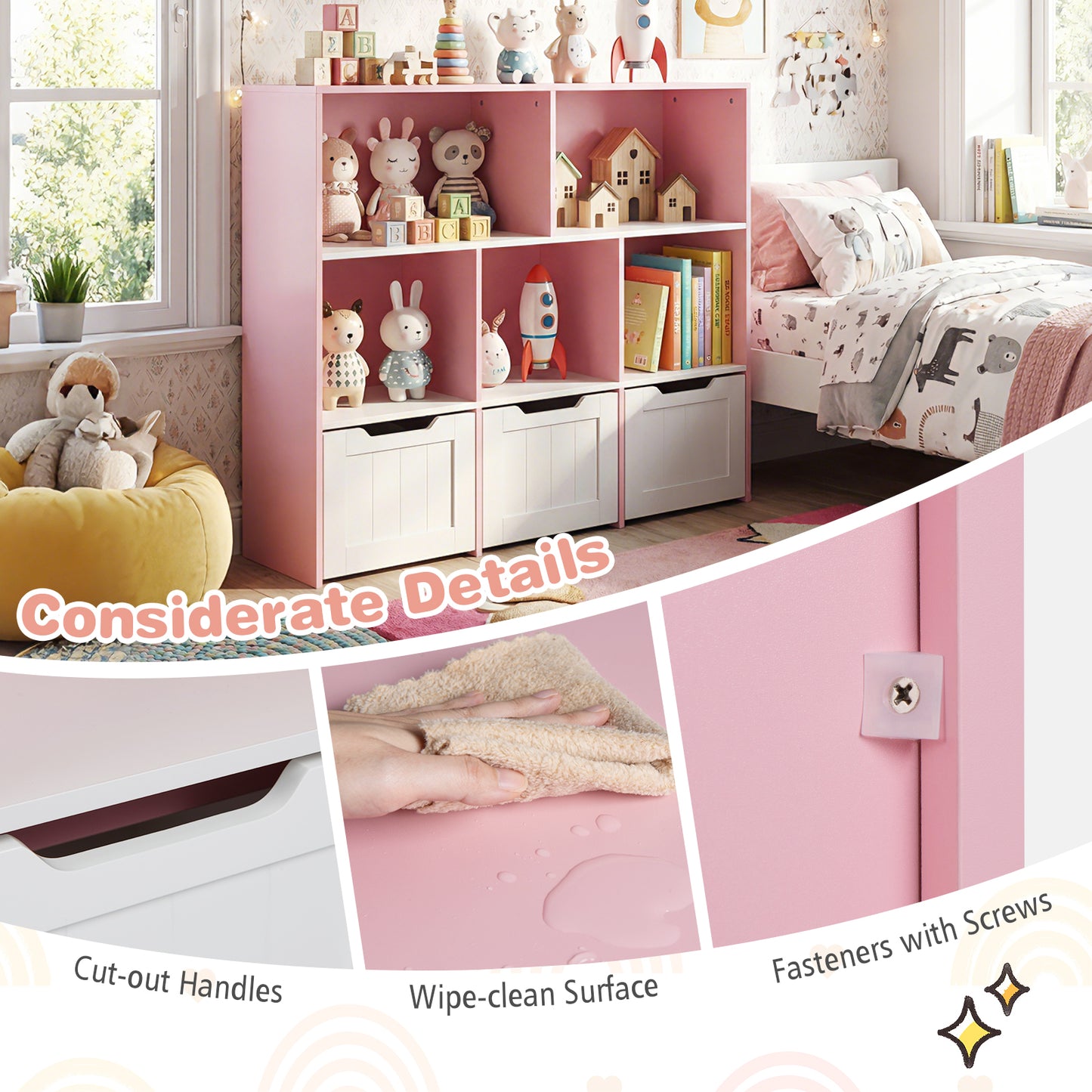 Wooden Toy Storage Organizer Kids Bookshelf with 5 Open Cubes and 3 Movable Drawers-Pink