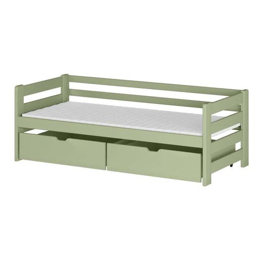 Green bed with white mattress on a white background