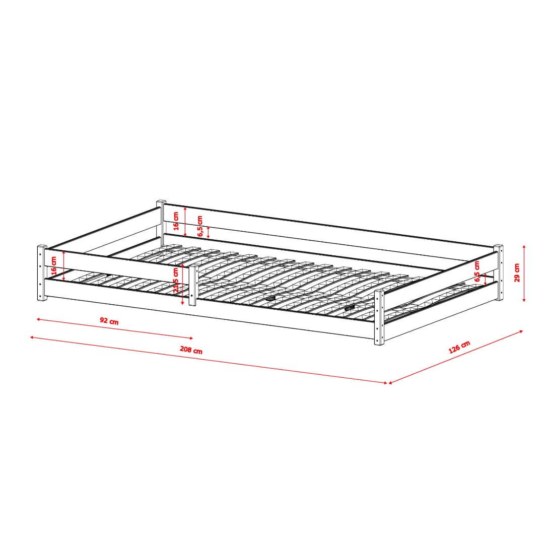 Dimensions of a metal bed frame on a white background