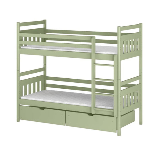 Green bunk bed with white mattress on a white background