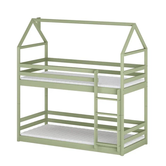 Green children's house-shaped bed on a white background