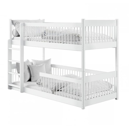 White bunk bed with mattress and pillows on a white background