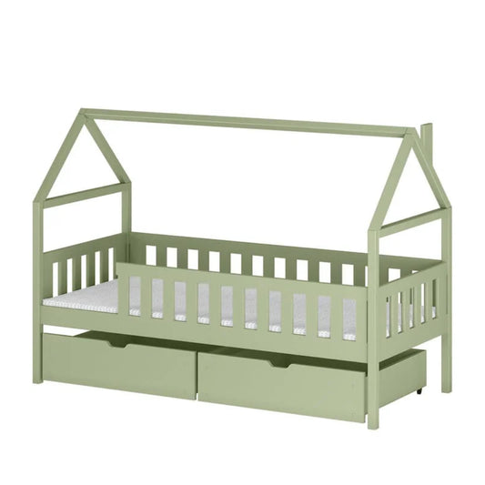 Green children's bed with a house design on a white background