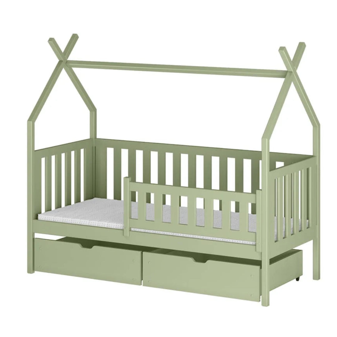 Green children's bed with a canopy on a white background
