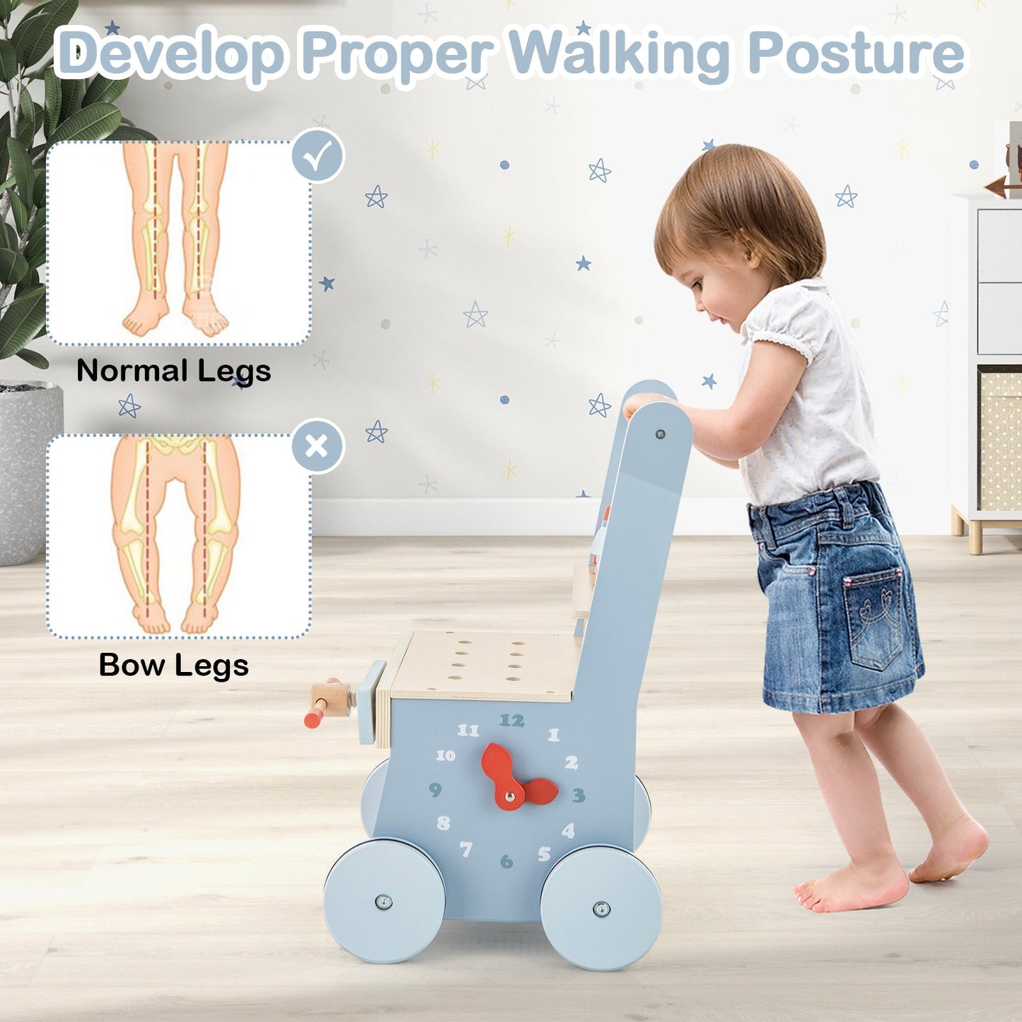 2-in-1 Wooden Baby Push Walker with Multi-Activity Center
