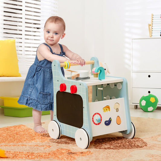 6-in-1 Wooden Baby Stroller Push and Pull Learning Activity Center-Blue