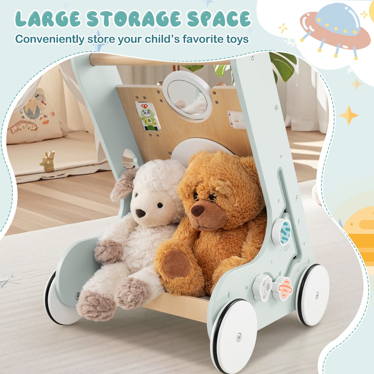 Wooden Baby Walker with Wheels for Boys and Girls 1+ Years Old-Green