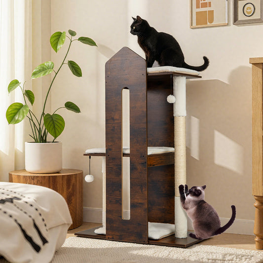 Wooden Cat Activity Center with Sisal Scratching Posts and Hanging Balls-Rustic Brown