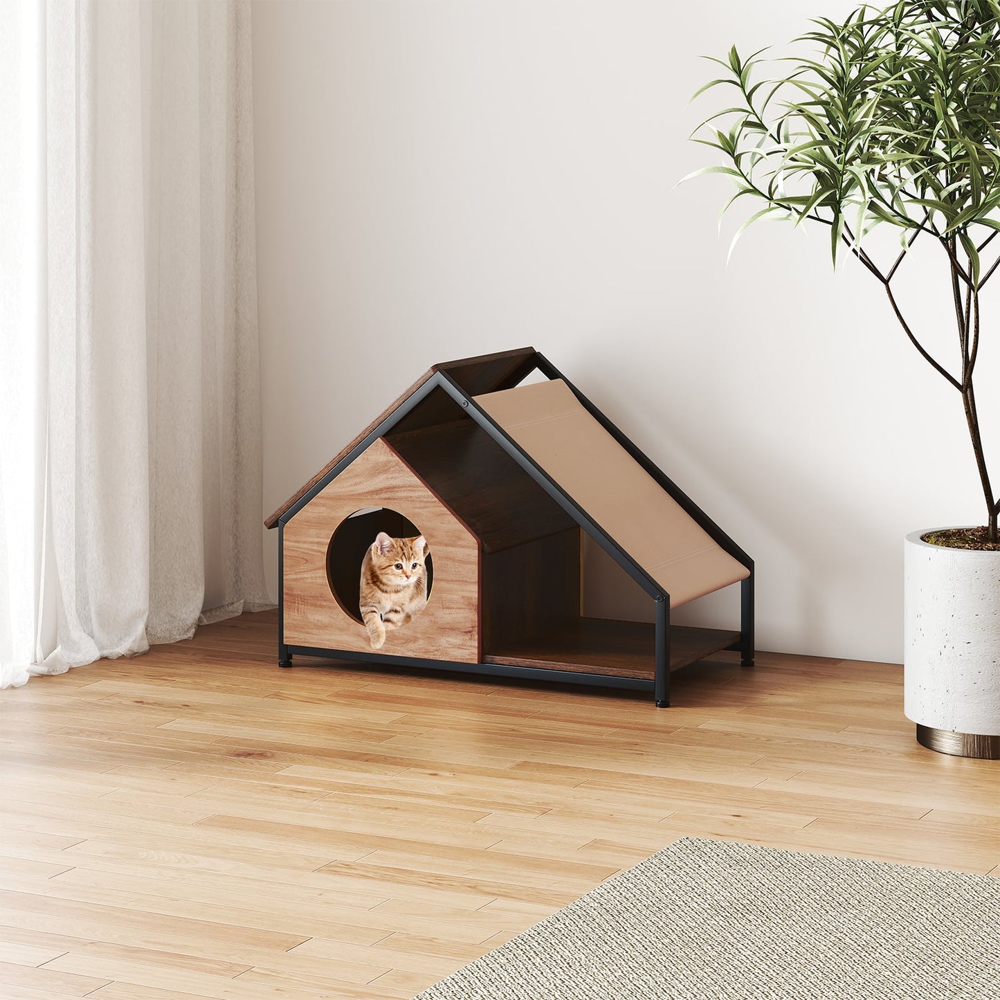 Wooden Cat House for Indoor Cats Kitty Condo Furniture with Porch