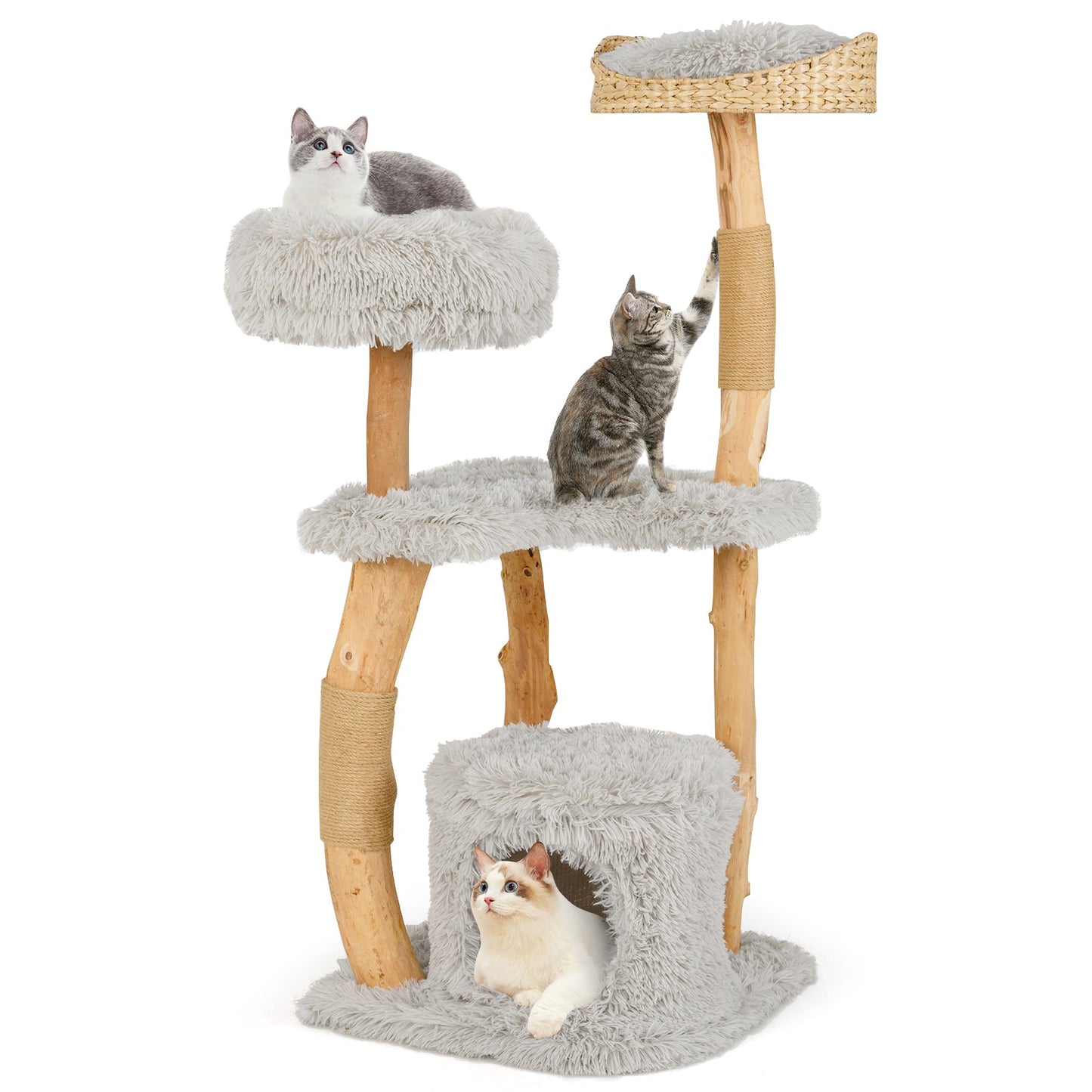 124 CM Tall Wooden Cat Tree with Jute Scratching Posts-Grey