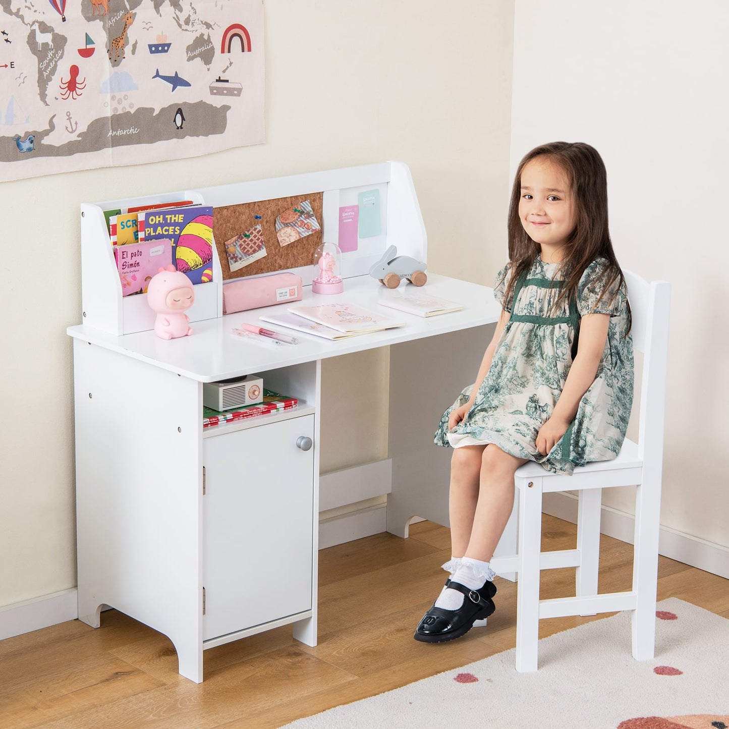 Wooden Children Study Table and Chair Set with Storage Cabinet and Bulletin Board-White