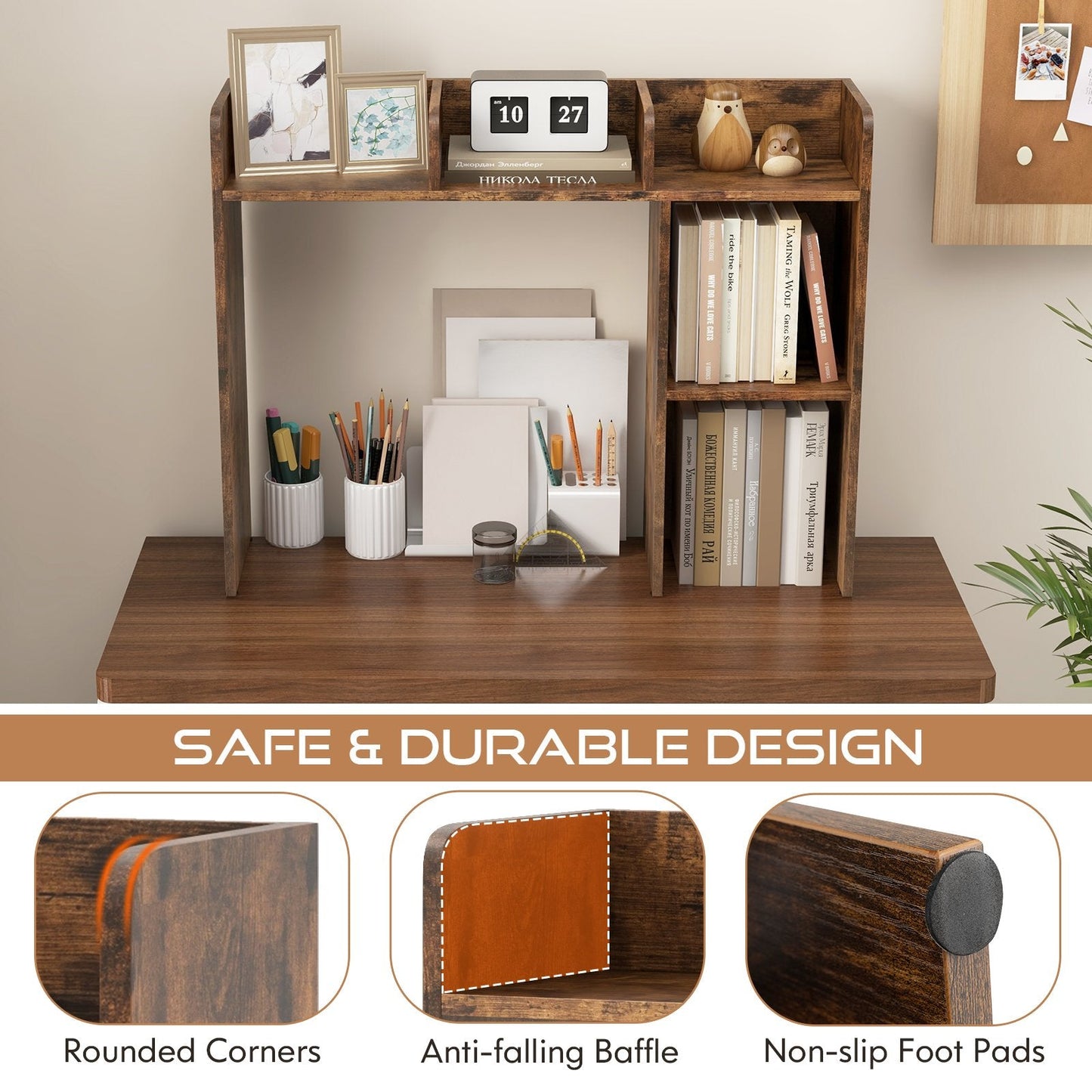 Wooden Desk Bookshelf with 4 Shelves and Open Back Compartment-Rustic Brown
