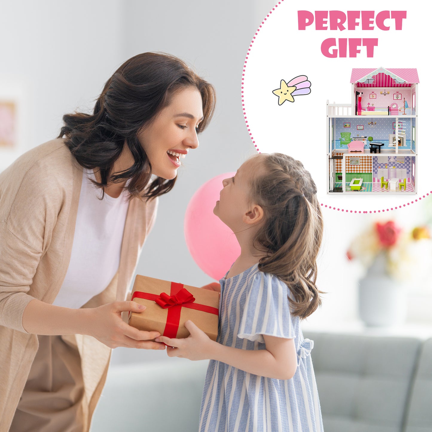 Wooden Dollhouse with Working Elevator and Rotatable Staircase-Pink