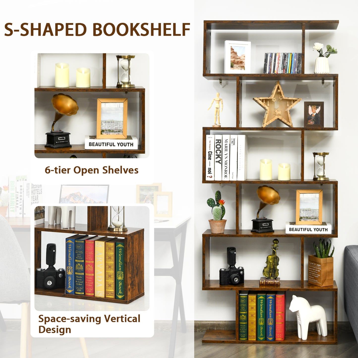 6-tier S-shaped Wooden Industrial Bookshelf-Brown