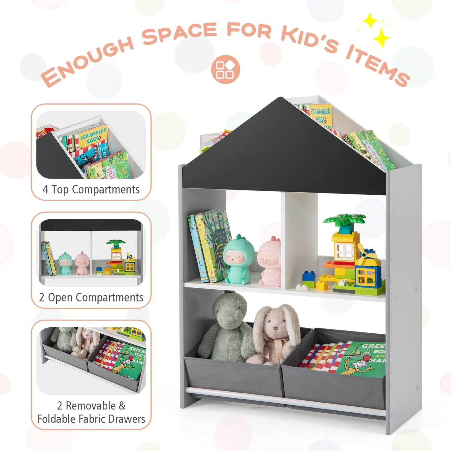 Wooden Kids Dollhouse Bookshelf Toy Storage Organizer with Chalkboard-Grey