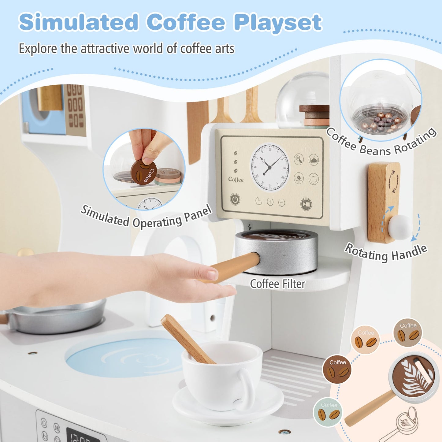 Wooden Kids Kitchen Playset Play Kitchen with Coffee Maker for 3+ Years Old-Blue
