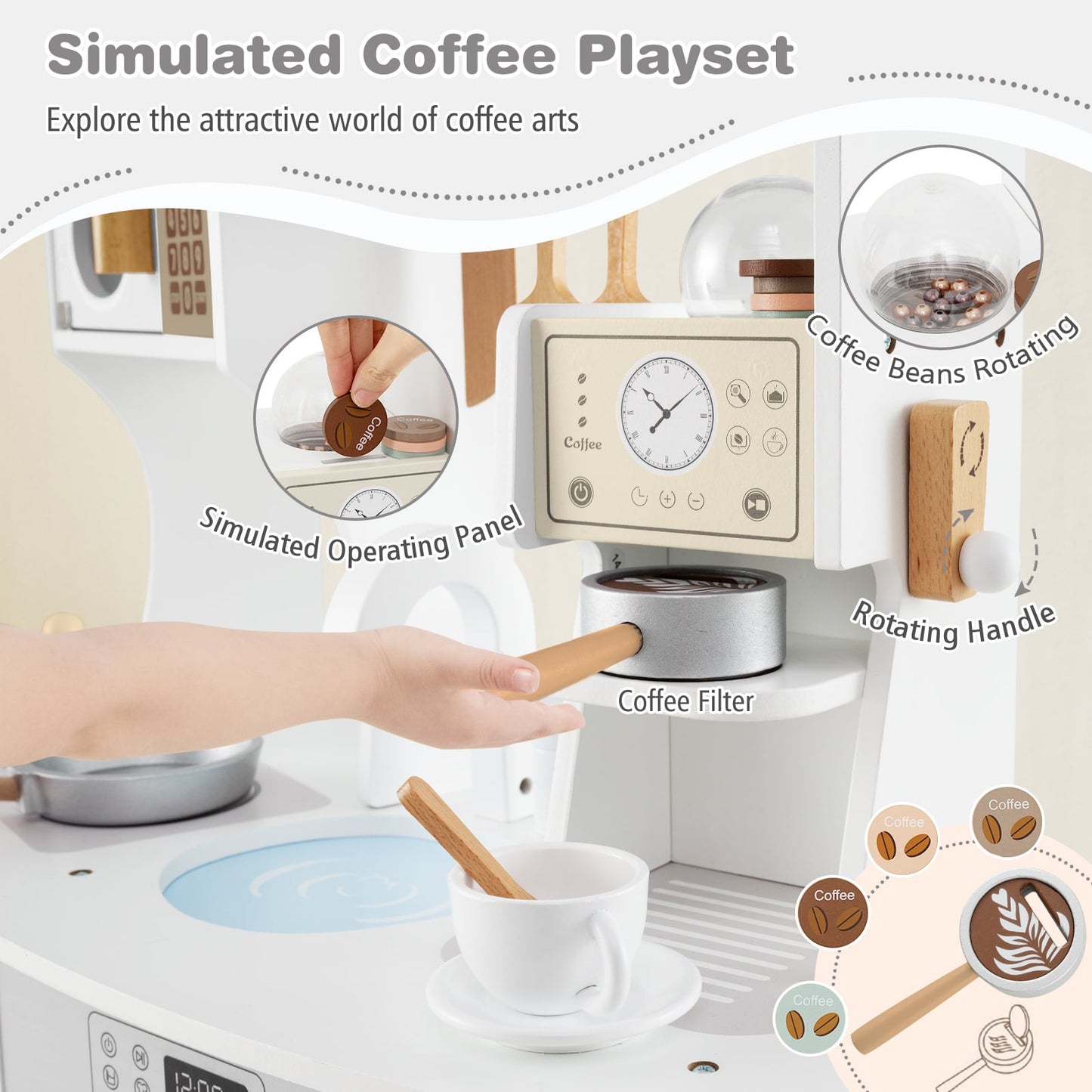 Wooden Kids Kitchen Playset with Coffee Maker for 3+ Years Old-White